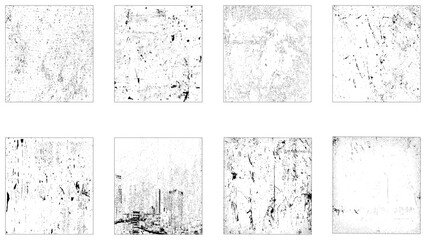 Obraz premium Grunge overlay textures with dust grain isolated on white background. Set of vector paint brush stroke, ink splash and grungy decoration elements for social media.