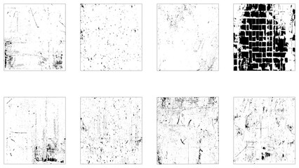 Grunge overlay textures with dust grain isolated on white background. Set of vector paint brush stroke, ink splash and grungy decoration elements for social media.