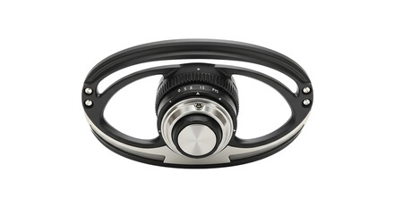 Black metal device displays controls against a black backdrop, ideal for technology product photography, UI/UX design.