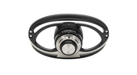 Black metal device displays controls against a black backdrop, ideal for technology product photography, UI/UX design.