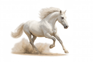 White horse stallion galloping generating dust and power, moving with freedom on transparent background