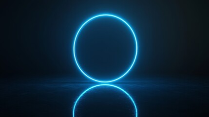 side-view of a floating blue neon ring with shimmering edge glow, reflective floor beneath mirroring the circle, minimalistic sci-fi scene with subtle ambient light