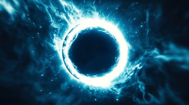 dynamic shot of a partial eclipse framed by glowing azure rings, subtle electric sparks and soft radial blur emphasizing motion and energy in a bold graphic style