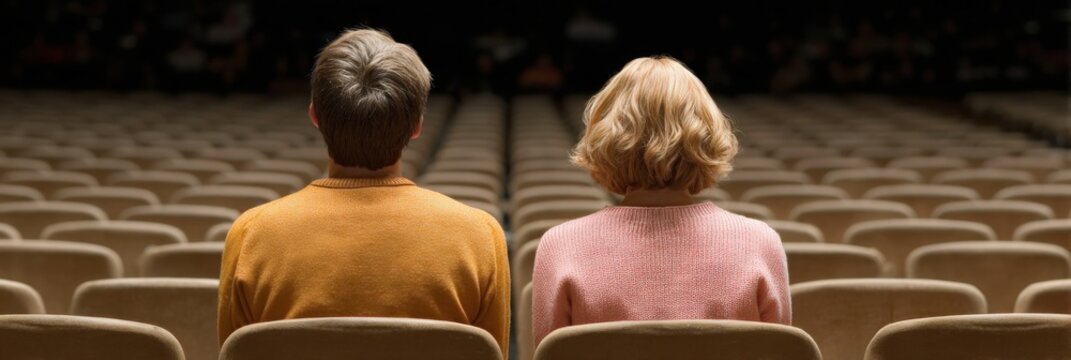 Authentic Young Adults Watching Theater Rehearsal in Empty Concert Hall Premium Arts Engagement Content for Millennial Marketing and Social Media Campaigns