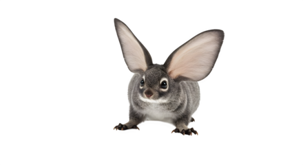 Gray rabbit with big ears stands on black, suitable for social media, product staging.