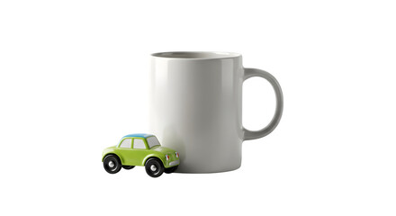 Clean white mug and green toy car against dark background presents product promotion, advertising, and kids social media.