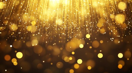 metallic gold bokeh texture with vertical shafts of light pouring from above, glimmering star shapes of varying sizes tumbling like confetti, rich luxurious feel ideal for holiday or celebration