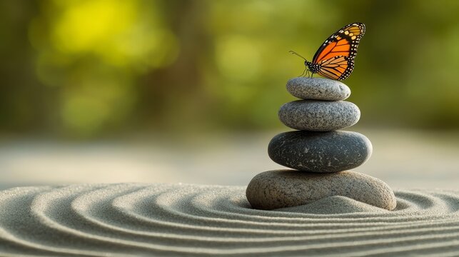 close-up of meticulously raked sand patterns forming rippling circles around stacked meditation stones, a single butterfly alighting gently atop the top pebble, soft ambient glow and muted green