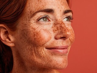 Obraz premium Authentic Freckled Woman with Natural Skin Texture and Subtle Facial Lines Premium Beauty Content for Skincare Marketing and Empowering Self-Acceptance Campaigns