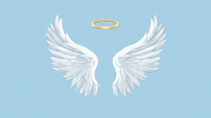pair of stylized cartoon white wings outlined in soft gray, small golden halo hovering above, set against a flat sky-blue background for a playful decorative icon