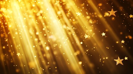 radiant golden gradient background with beams of light streaming downward, semi-transparent star silhouettes drifting in mid-air, elegant and refined composition for upscale event graphics