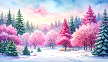 Pastel watercolor forest scene with pink and green trees, snow, and sky