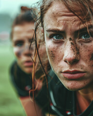 Female rugby players after a rainy match