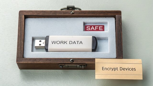 USB drive labeled Work Data stored safely inside wooden box
