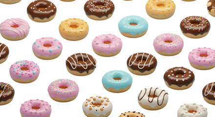 Colorful donuts with icing float on a black backdrop for party invitations, food blogs, social media marketing, or bakery ads.