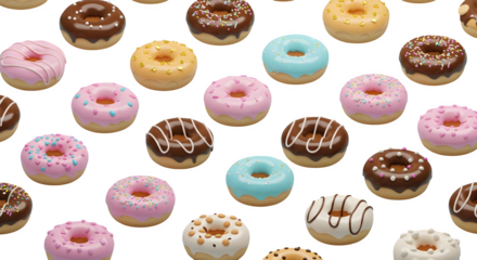 Colorful donuts with icing float on a black backdrop for party invitations, food blogs, social media marketing, or bakery ads.