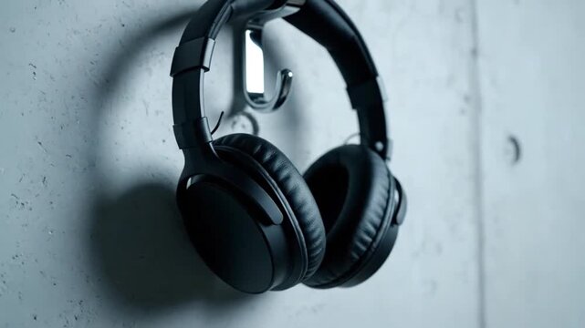 Black over-ear headphones hanging on a metal hook against a textured gray wall