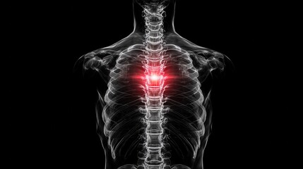 Medical visualization of human spine with red highlight on thoracic vertebrae against black background, representing pain or injury for healthcare and anatomy themes.