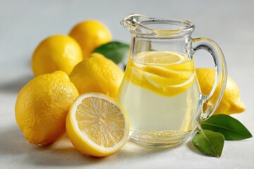 Fresh lemons and lemon juice in a glass pitcher on display