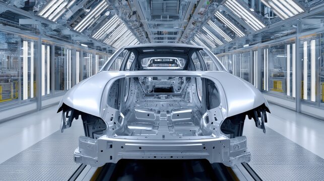 Unfinished car body frame moving through a modern car manufacturing plant, symbolizing industrial production and technology