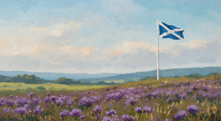 Oil painting of the Scottish flag flying over a highland landscape. Scenic Scotland countryside with purple thistles and the Saltire waving in the wind. Patriotic national artwork