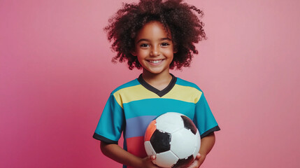 Smiling child in colorful sports uniform holding soccer ball