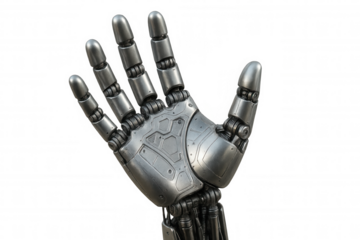 Robotic hand showing palm, advanced artificial intelligence technology on transparent background