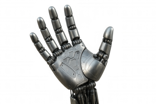 Robotic hand showing palm, advanced artificial intelligence technology on transparent background