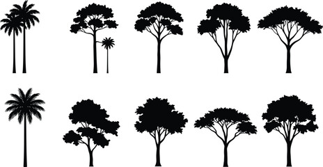 Collection of tropical and deciduous tree silhouettes, black vector illustration of palm trees and forest trees on white background