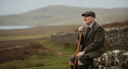 Senior scottish man in a traditional kilt and tweed jacket sitting on a stone wall. Elderly gentleman with a walking stick looking out over the rural highlands landscape. Copy space