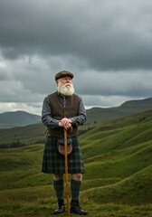 Senior Scottish man in traditional kilt and tweed standing in the highlands. Vertical portrait of an older man with a long white beard. Scottish heritage and culture