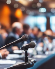 Professional Press Briefing Microphones in Sharp Focus at Corporate Conference Modern Business Event for Authentic Public Speaking and Marketing Content