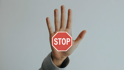 Stop hand gesture signals halt, warning, or denial with a vibrant red octagon symbol for clear communication