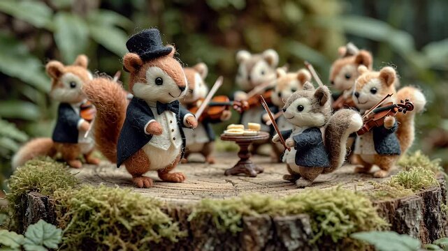 Squirrel orchestra performing outdoors on a stump musical performance concept