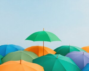 Obraz premium Premium modern colorful umbrellas with green standing out in bright daylight, symbolizing individuality and confidence for marketing and branding campaigns