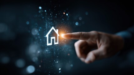Digital Home Concept: A person's finger interacts with a digital home icon, set against a dark, modern backdrop that symbolizes the smart home concept.