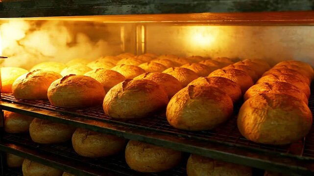 Golden baked loaves in a warm oven, steam rising. Baking on wired shelves