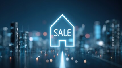 Digital Real Estate Sale: An illuminating icon of a house with the word SALE emblazoned within shines brightly against a bokeh of a vibrant cityscape.