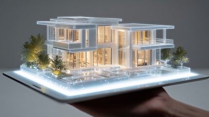 Dream Home Digitized: A modern, luminous miniature house model, displayed on a tablet, showcasing the potential of architectural and design.