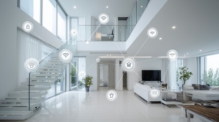 Smart Home Integration: A modern, elegantly designed home interior, seamlessly integrates smart technology, showcasing a futuristic vision of connected living.