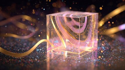 Abstract Geometric Cube: A captivating composition featuring a translucent, glowing cube with intricate designs, set against a backdrop of ethereal light and shimmering particles.