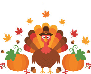 Colorful flat vector illustration of a cute turkey