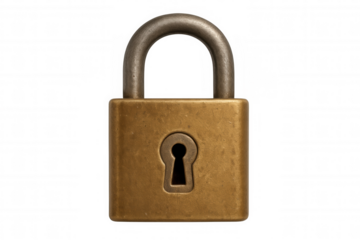 Brass padlock with keyhole on transparent background representing security, privacy, and data protection