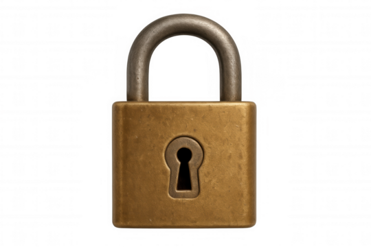 Brass padlock with keyhole on transparent background representing security, privacy, and data protection