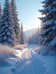 Snowy forest path in morning sunlight, serene winter landscape.