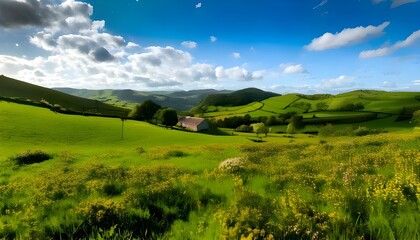 Obraz premium A view of a vast expanse of green grass with a bright blue sky that is slightly cloudy.