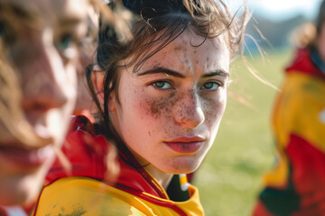 Female rugby players focused during intense match
