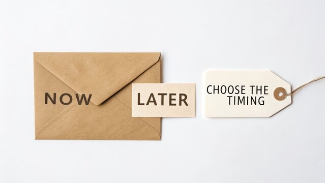 Brown envelope with stamped Now and Later cards on white surface