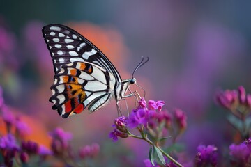 Naklejka premium Colorful butterfly with intricate wing patterns rests on small, vibrant purple flower blossoms