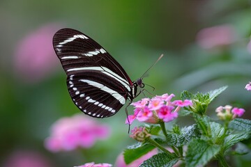 Obraz premium A black and white striped butterfly perched on small pink flowers in a garden setting